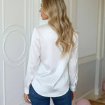 White Collared Button-Down Long Sleeve Satin Blouse