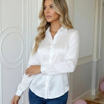 White Collared Button-Down Long Sleeve Satin Blouse