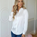 White Collared Button-Down Long Sleeve Satin Blouse