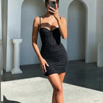 Black Spaghetti Strap Ruched Mesh Bodycon Mini Dress