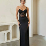 Black Lace Bustier Satin Side Slits Maxi Dress
