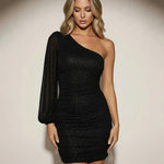 Black Glitter One-Shoulder Lantern Sleeve Mini Cocktail Dress