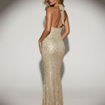 Gold Sequin Cowl Neck Halter Bodycon Maxi Dress