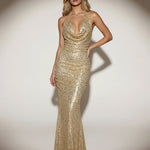 Gold Sequin Cowl Neck Halter Bodycon Maxi Dress
