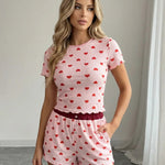 Pink Heart Print Ribbed Short Sleeve Crop Top And Shorts Set