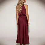 Wine Red Cowl Drape Neck Waist Shaping Satin Midi Dress