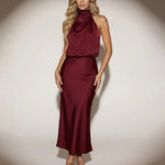 Wine Red Cowl Drape Neck Waist Shaping Satin Midi Dress