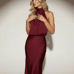 Wine Red Cowl Drape Neck Waist Shaping Satin Midi Dress