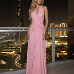 Pink Halter Neck Backless Draped Maxi Dress