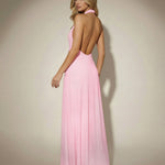 Pink Halter Neck Backless Draped Maxi Dress