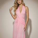 Pink Halter Neck Backless Draped Maxi Dress