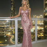 Pink Sequin Art Deco Mermaid Maxi Dress With Cutouts