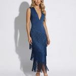 Navy Tiered Fringe Deep V-Neck Midi Dress