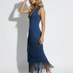 Navy Tiered Fringe Deep V-Neck Midi Dress