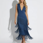 Navy Tiered Fringe Deep V-Neck Midi Dress