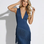 Navy Tiered Fringe Deep V-Neck Midi Dress