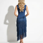 Navy Tiered Fringe Deep V-Neck Midi Dress
