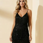 Black Sequin Fringe Spaghetti Strap Backless Mini Dress