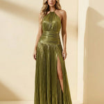 Gold Metallic Pleated Halter Backless Maxi Dress With Slit