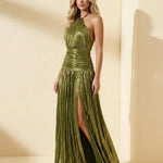 Gold Metallic Pleated Halter Backless Maxi Dress With Slit