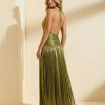 Gold Metallic Pleated Halter Backless Maxi Dress With Slit