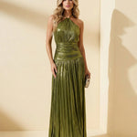 Gold Metallic Pleated Halter Backless Maxi Dress With Slit