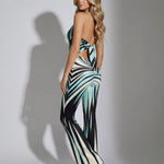 Unique Striped Print Halter Neck Cutout Tie-up Flared Jumpsuit