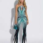 Unique Striped Print Halter Neck Cutout Tie-up Flared Jumpsuit