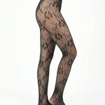 Black Lace Patterned Stretchy Sheer Opaque Pantyhose