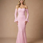 Pink Off-The-Shoulder Lace Mermaid Flare Sleeves Maxi Dress