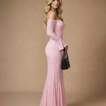 Pink Off-The-Shoulder Lace Mermaid Flare Sleeves Maxi Dress