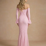 Pink Off-The-Shoulder Lace Mermaid Flare Sleeves Maxi Dress