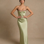 Green Satin Spaghetti Strap Floral Lace Applique Maxi Dress