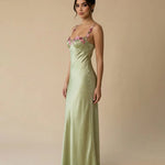 Green Satin Spaghetti Strap Floral Lace Applique Maxi Dress