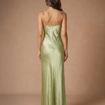 Green Satin Spaghetti Strap Floral Lace Applique Maxi Dress