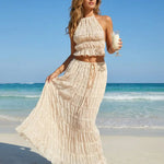 Beige Tiered Ruffle Halter Two-Piece Beach Maxi Skirt Set