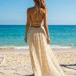 Beige Tiered Ruffle Halter Two-Piece Beach Maxi Skirt Set