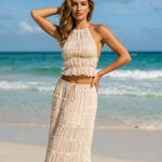 Beige Tiered Ruffle Halter Two-Piece Beach Maxi Skirt Set