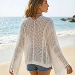 White Crochet Knit Fringed Beach Cover Up Top