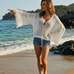 White Crochet Knit Fringed Beach Cover Up Top