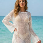 White Textured Dotted Open-Knit Side Fork Mini Cover Up Tunic