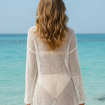 White Textured Dotted Open-Knit Side Fork Mini Cover Up Tunic