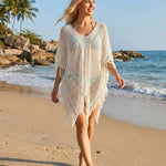 White Crochet Knit Fringed Poncho Beach Cover Up