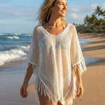 White Crochet Knit Fringed Poncho Beach Cover Up