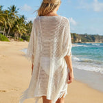 White Crochet Knit Fringed Poncho Beach Cover Up