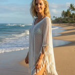 White Crochet Knit Fringed Poncho Beach Cover Up