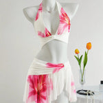 Pink Lily Print Halter Bikini Set with Sheer Cover Up Skirt