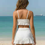 White Tie Front Ruffle Hem Bikini Set With Beach Skirt