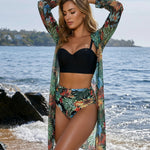 Black Bikini Top With Tropical Floral Bottoms And Kimono Cover Up Set