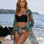Black Bikini Top With Tropical Floral Bottoms And Kimono Cover Up Set